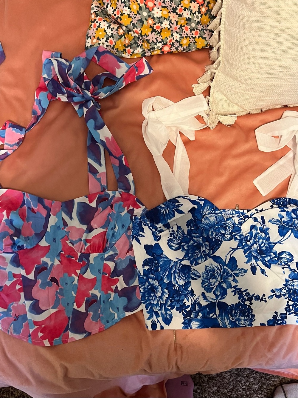 SHEIN Pink Blue Floral & White Blue Bustier Crop Tops